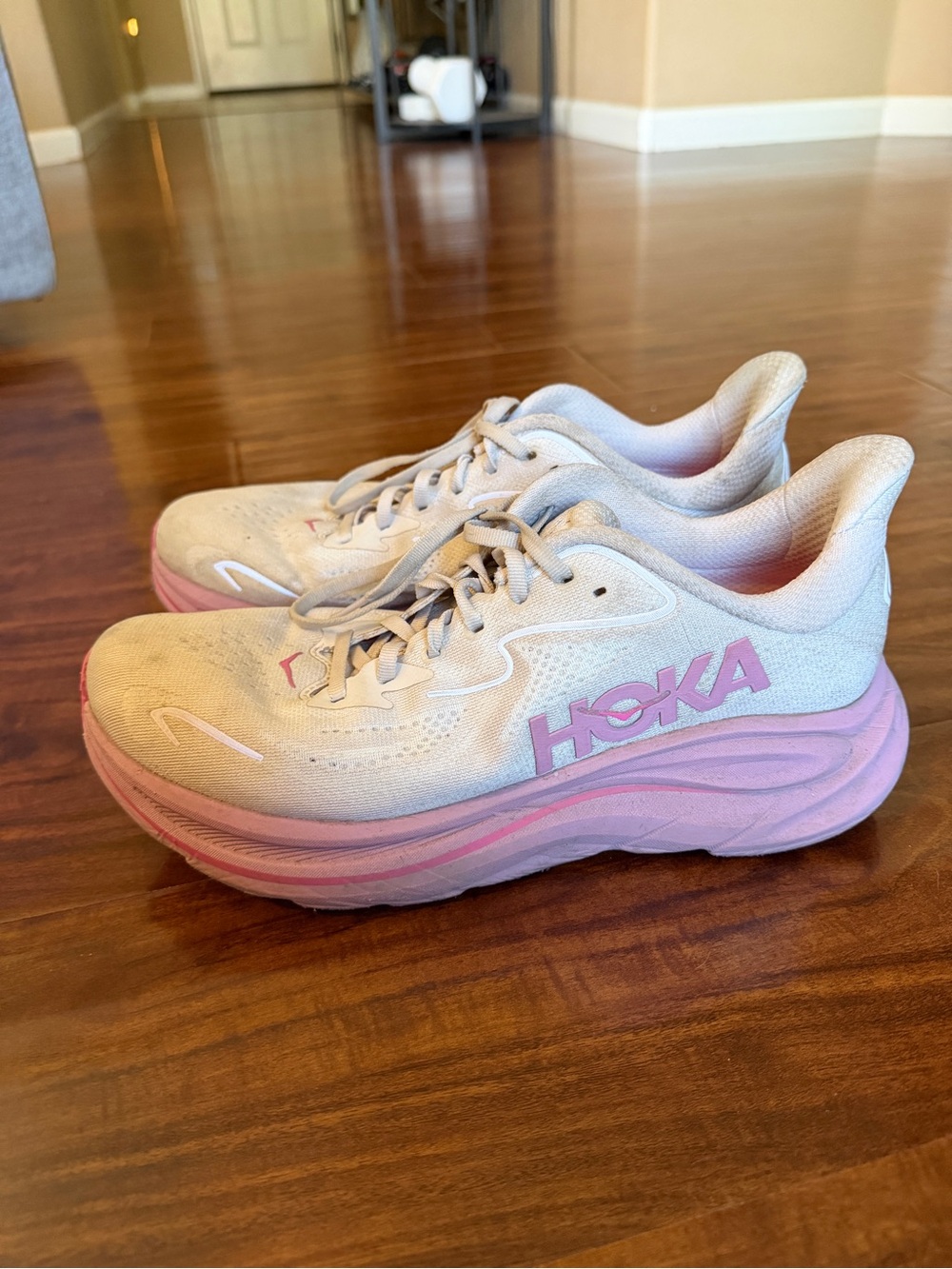 Hoka Women's White and Pink Cushion Running Shoes